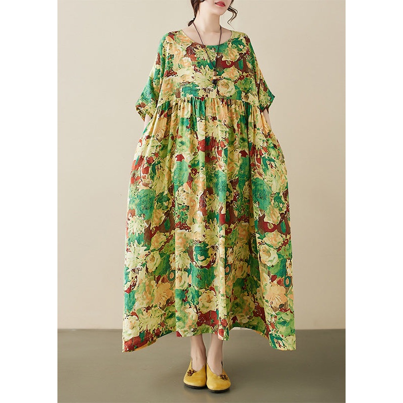 Vintage Green Print Wrinkled Maxi Dresses Short Sleeve