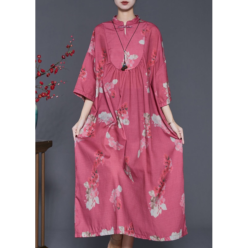 Vintage Red Print Chinese Button Cotton Dresses Spring