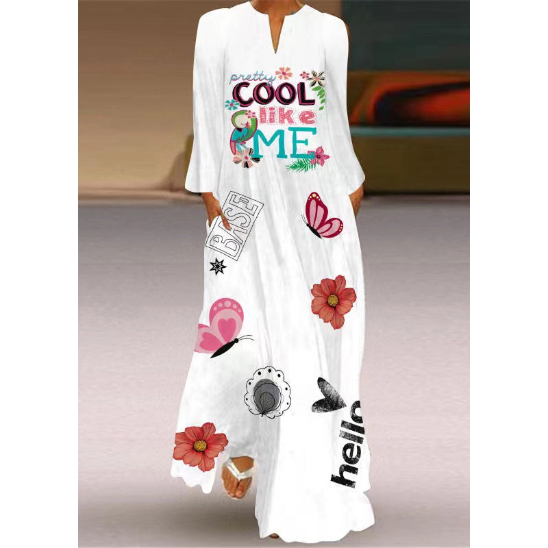 Vogue White Print Pockets Maxi Dress Long Sleeve
