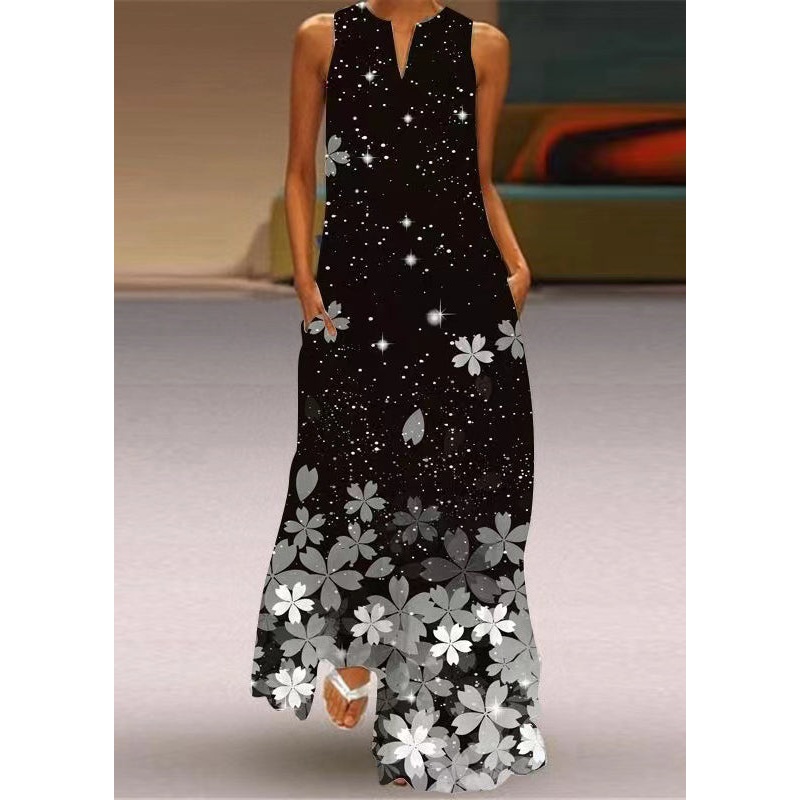 Women Black V Neck Print Party Long Dress Sleeveless