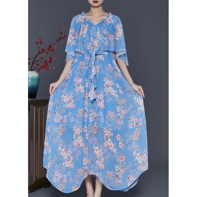 Women Blue Ruffled Print Chiffon Dresses Cloak Sleeves