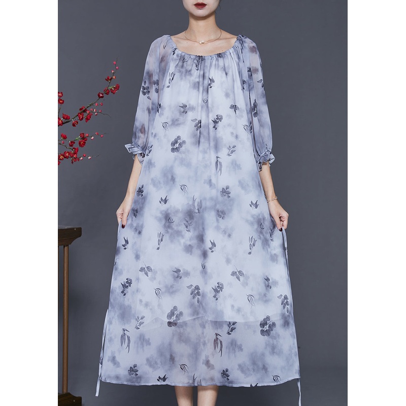 Women Grey Print Tie Dye Chiffon Long Dress Half Sleeve