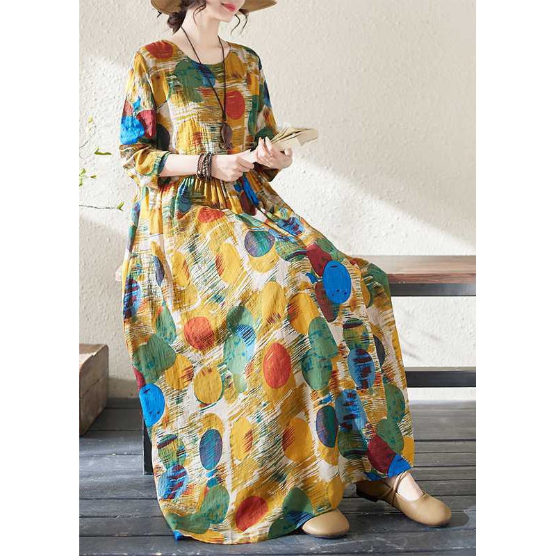 Women Yellow Patchwor Print Vacation Dresses Long Sleeve