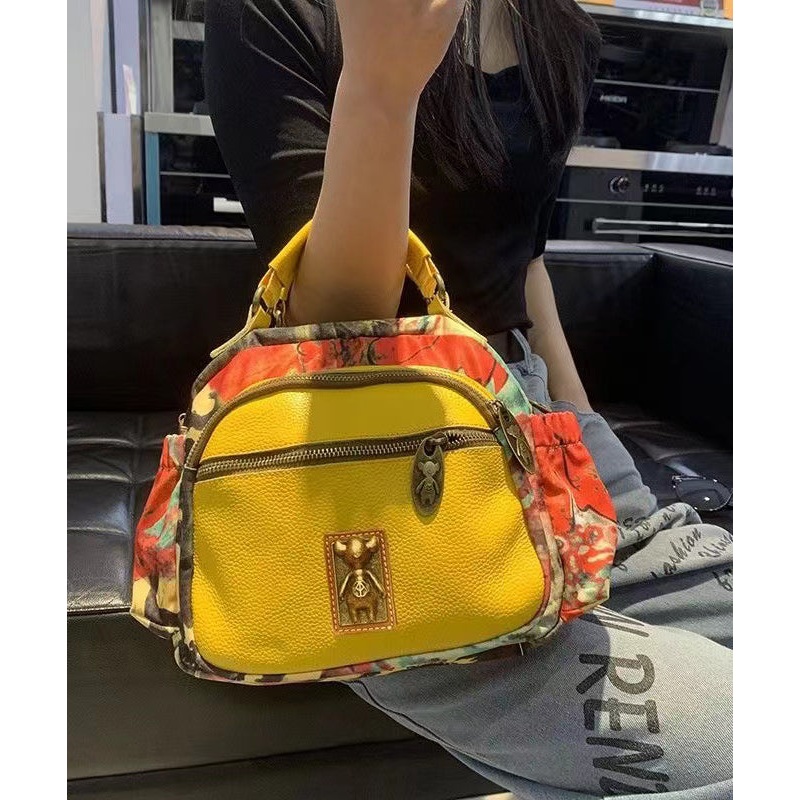 Women Yellow Print Cotton Patchwork Calf Leather Messenger Bag