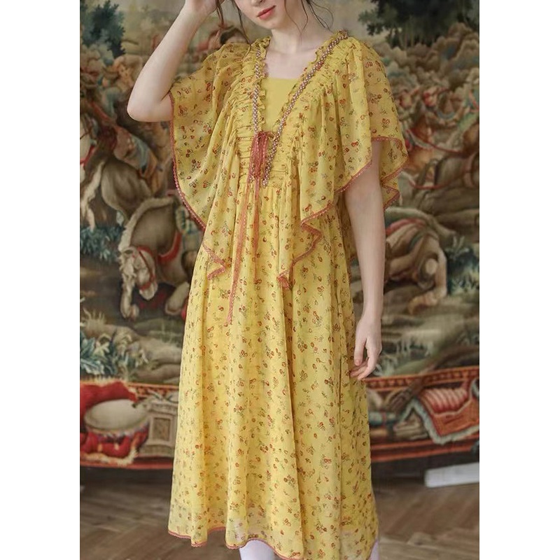 Beautiful Yellow Ruffled Lace Up Nail Bead Chiffon Long Dresses Summer