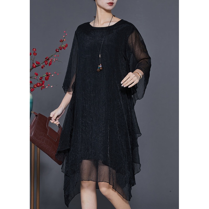 Black Silk Holiday Dresses Asymmetrical Exra Large Hem Summer