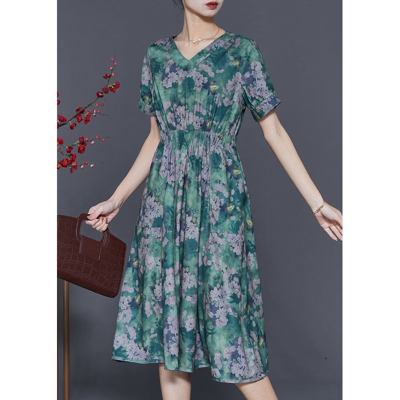 Bohemian Green Cinched Print Cotton Dress Summer