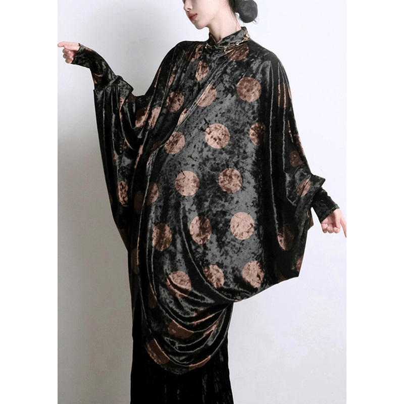 Chic Black Asymmetrical Print Silk Velour Shirts Batwing Sleeve