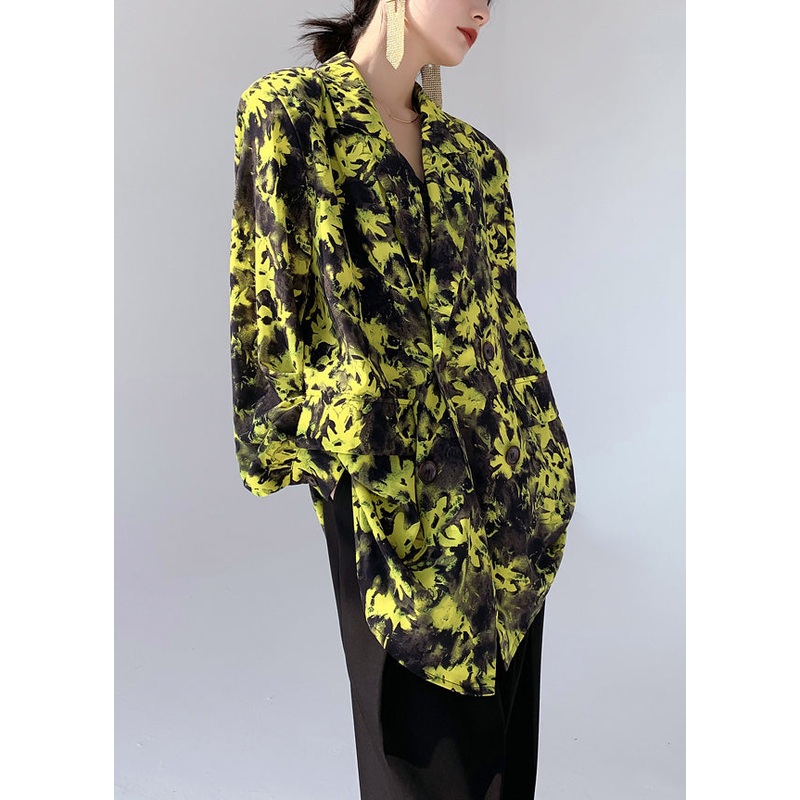 Chic Yellow Peter Pan Collar Print Cotton Shirts Long Sleeve