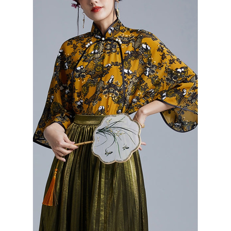 Chic Yellow Stand Collar Button Low High Design Silk Shirts Spring