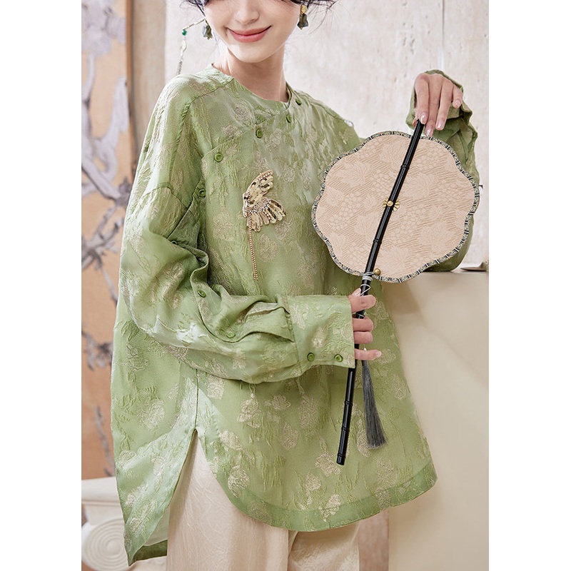Chinese Style Green O-Neck Butterfly Low High Design Chiffon Top Lanter Sleeve