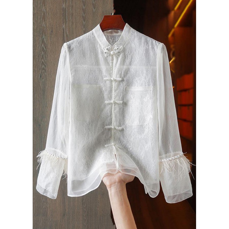 Chinese Style White Feathers Lace Patchwork Shirt Long Sleeve
