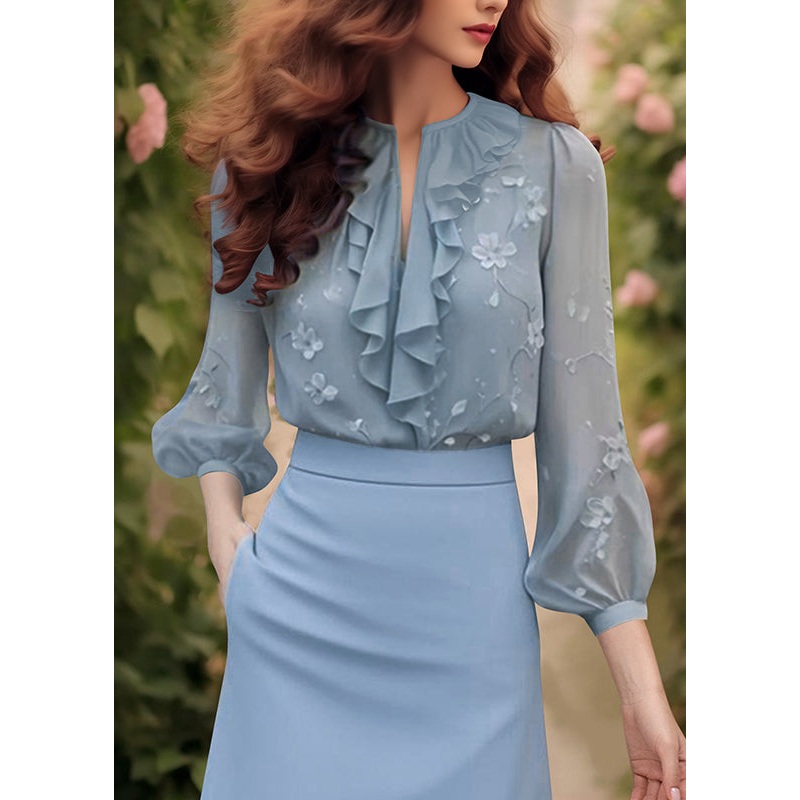 Fitted Black V Neck Embroidered Chiffon Tops Bracelet Sleeve