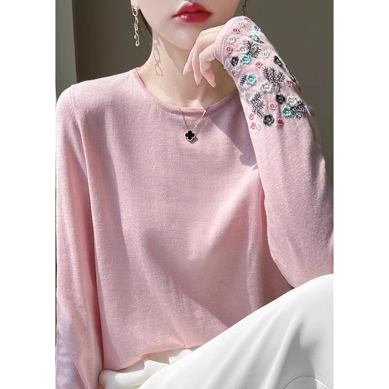 Fitted Pink Embroidered Thin Woolen Sweaters Spring