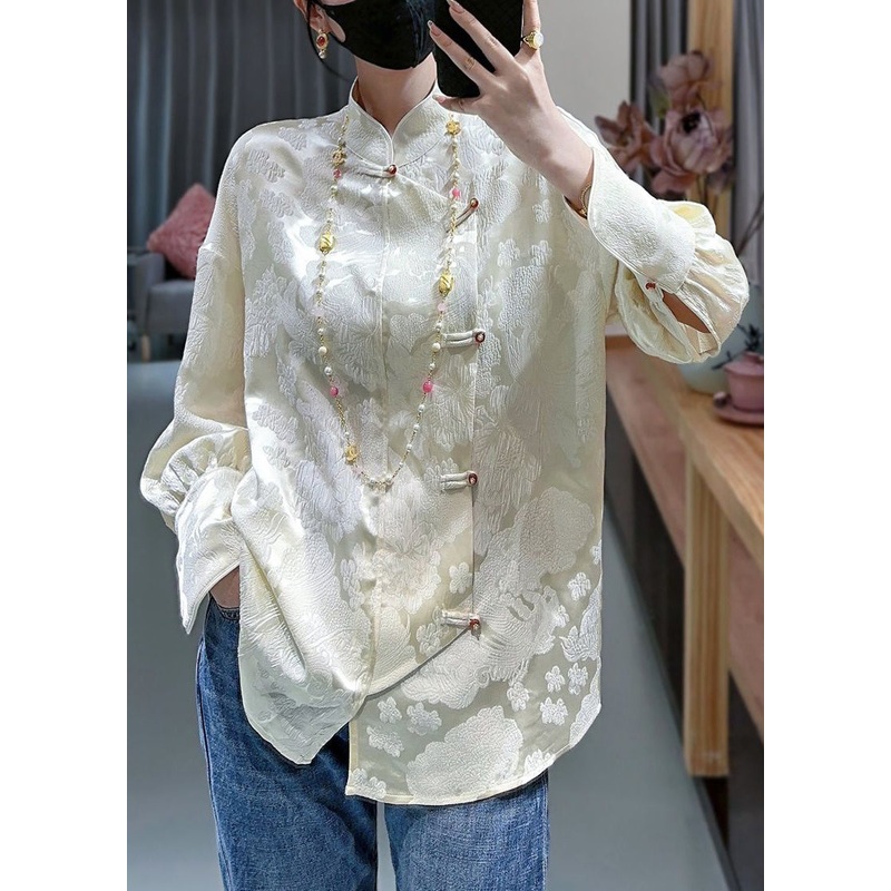 French Apricot Stand Collar Print Silk Blouses Spring