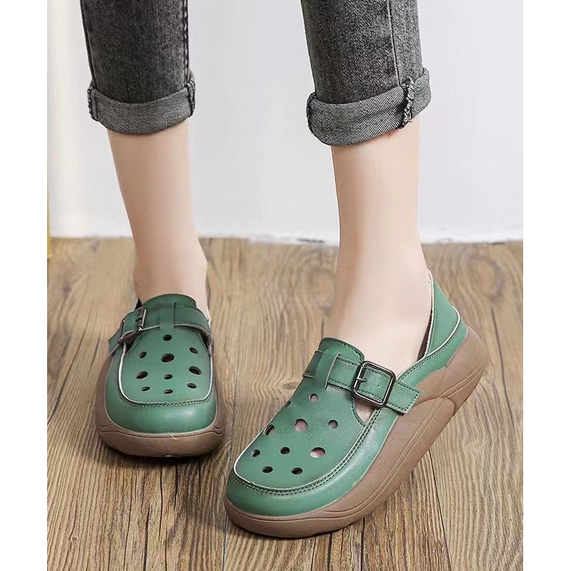 Green Cowhide Leather 2024 New Hollow Out Flat Shoes