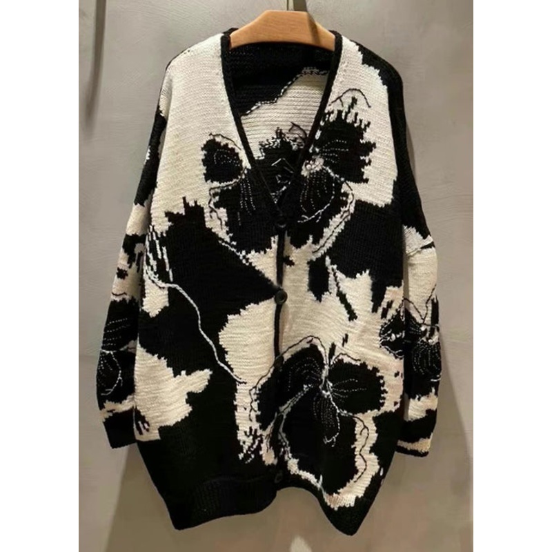Jacquard Black V Neck Button Patchwork Knit Coat Long Sleeve