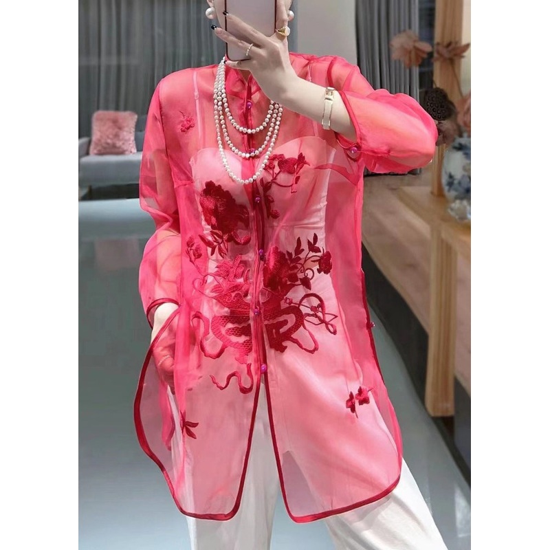 Red Button Thin Tulle Blouses Stand Collar Summer