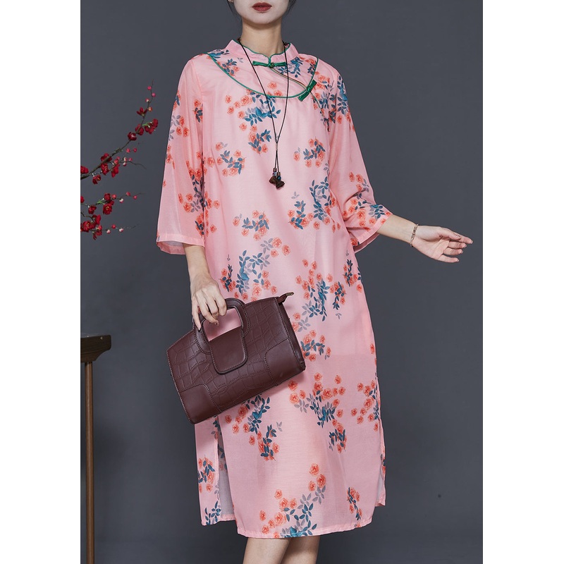 Vintage Pink Print Oriental Linen Holiday Dress Summer