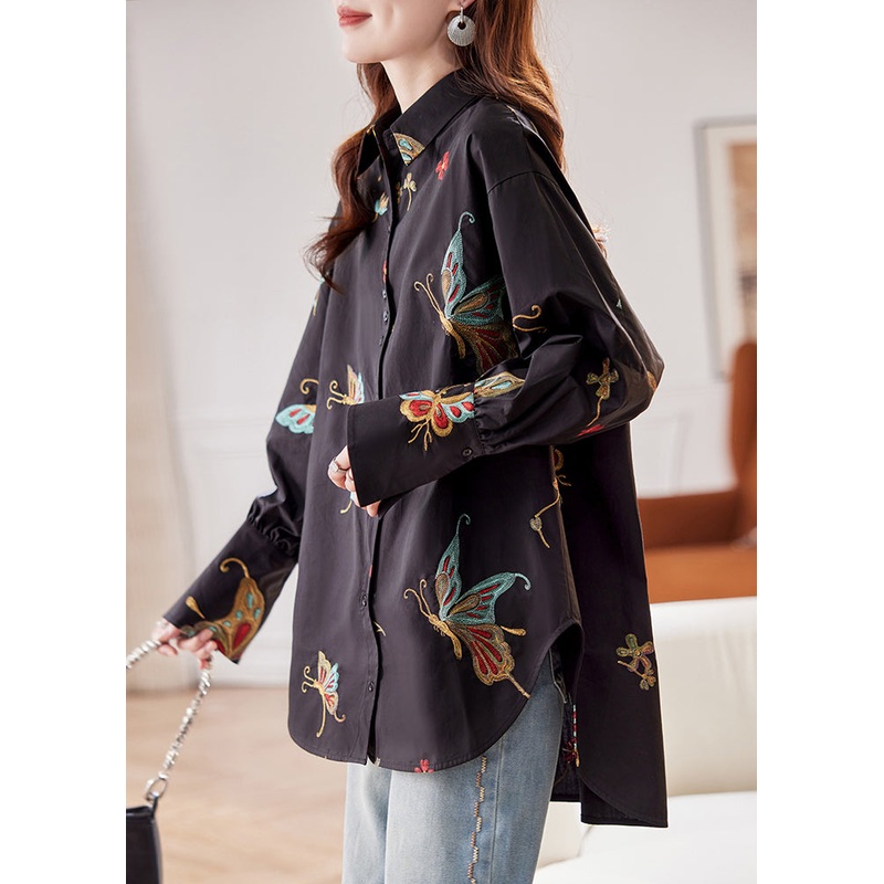 Vogue Black Peter Pan Collar Print Cotton Shirts Flare Sleeve