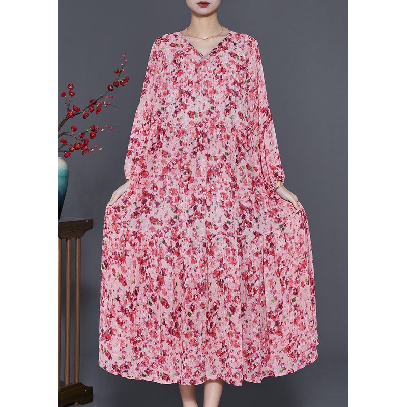 Women Pink Cinched Print Chiffon Holiday Dress Spring