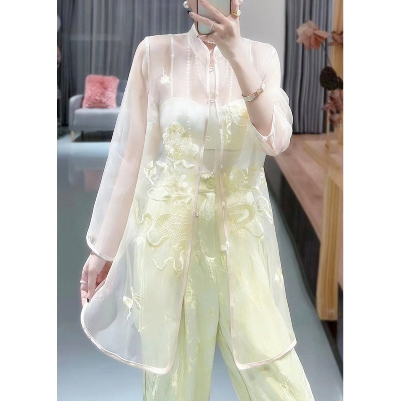 Women White Embroidered Button Tulle Shirts Long Sleeve