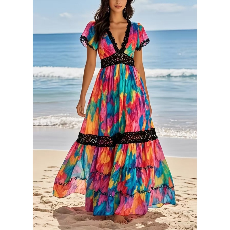 Beautiful Rainbow Cinched Patchwork Chiffon Vacation Dresses Summer