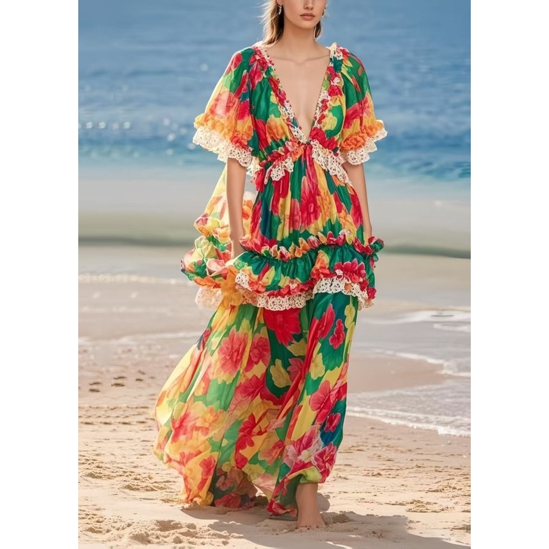 Beautiful Ruffled Print Chiffon Beach Dresses Summer