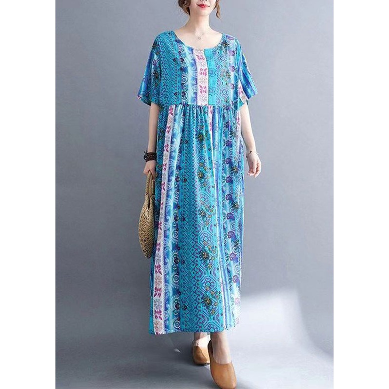 Blue O-Neck Patchwork Maxi Dresses Summer