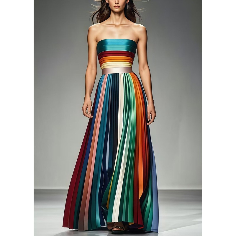 Boho Multicolor Cold Shoulder Silm Fit Chiffon Strapless Pleated Summer