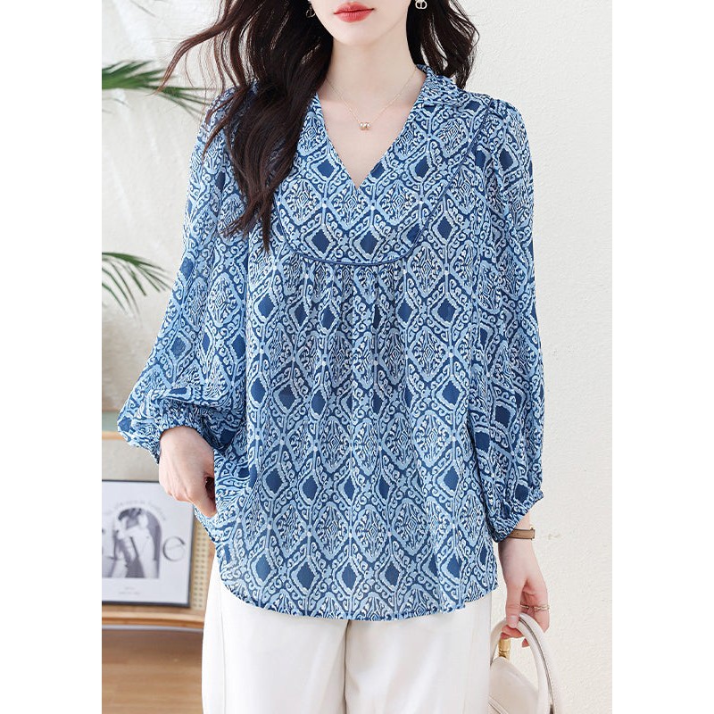 Casual Blue V Neck Geometric Print Chiffon Blouse Top Lantern Sleeve