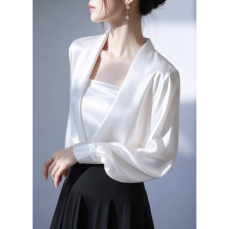 Classy White V Neck Solid Satin Shirt Spring