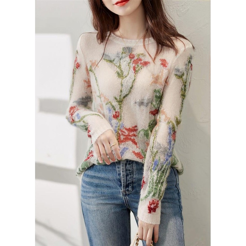 French O-Neck Floral Hollow Out Knit Sweaters