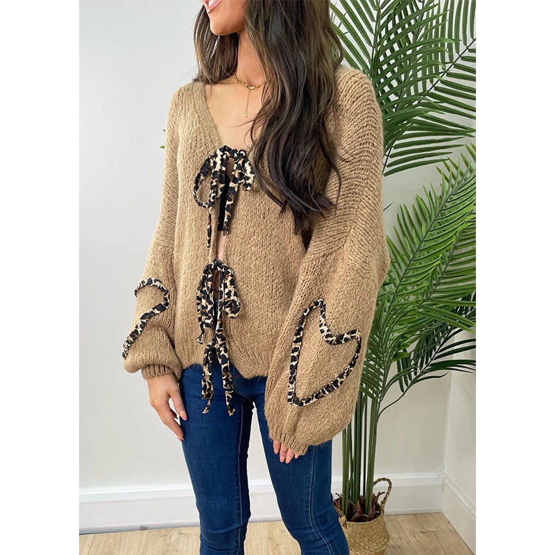 Stylish Khaki V Neck Lace Up Plus Size Knit Cardigans Spring