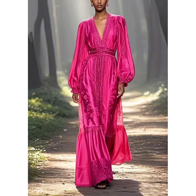 Unique Rose Cinched Jacquard Silk Long Dresses Spring