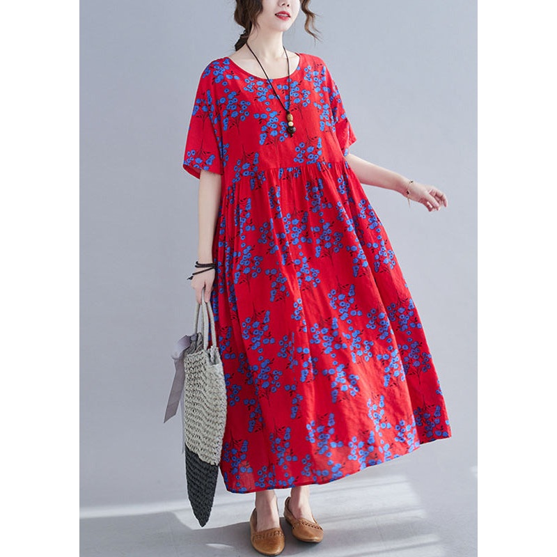 Vintage Red Print Patchwork Maxi Dresses Short Sleeve