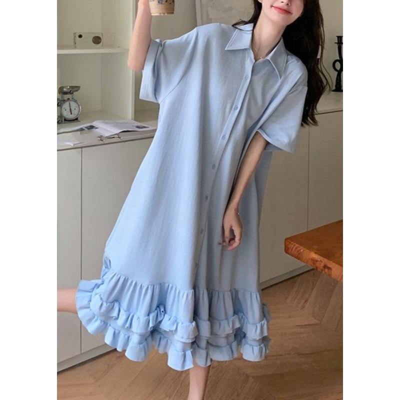 Women Blue Peter Pan Collar Ruffled Patchwork Maxi Dress Short Sleeve