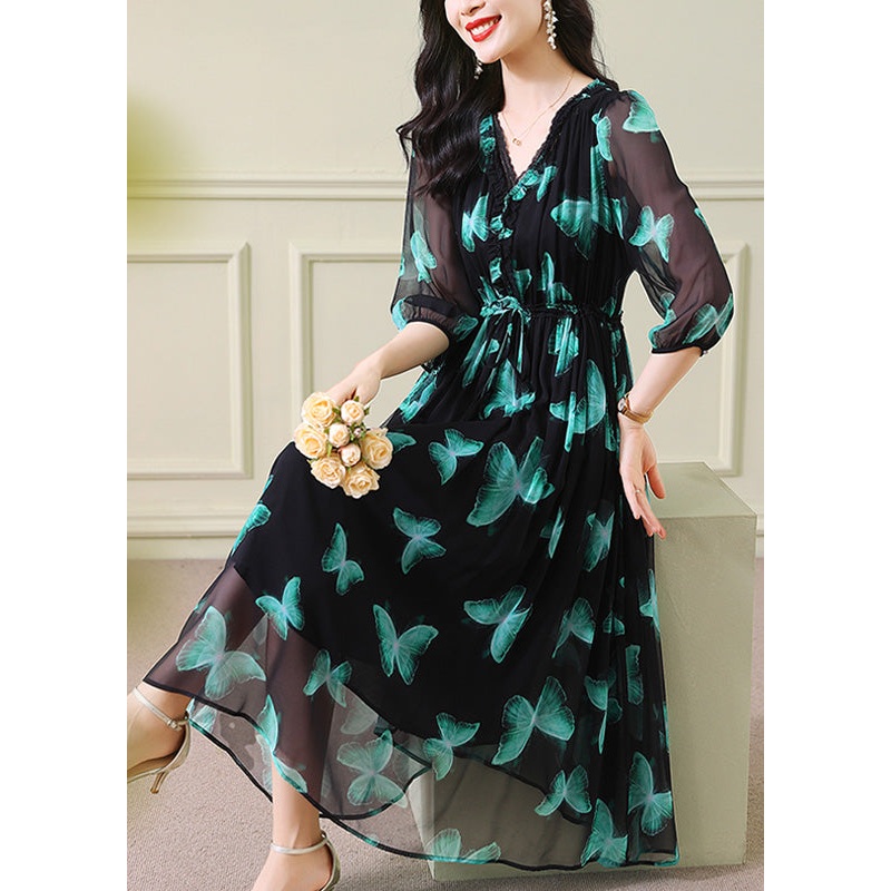 Women Green V Neck Print Drawstring Silk Dresses Summer
