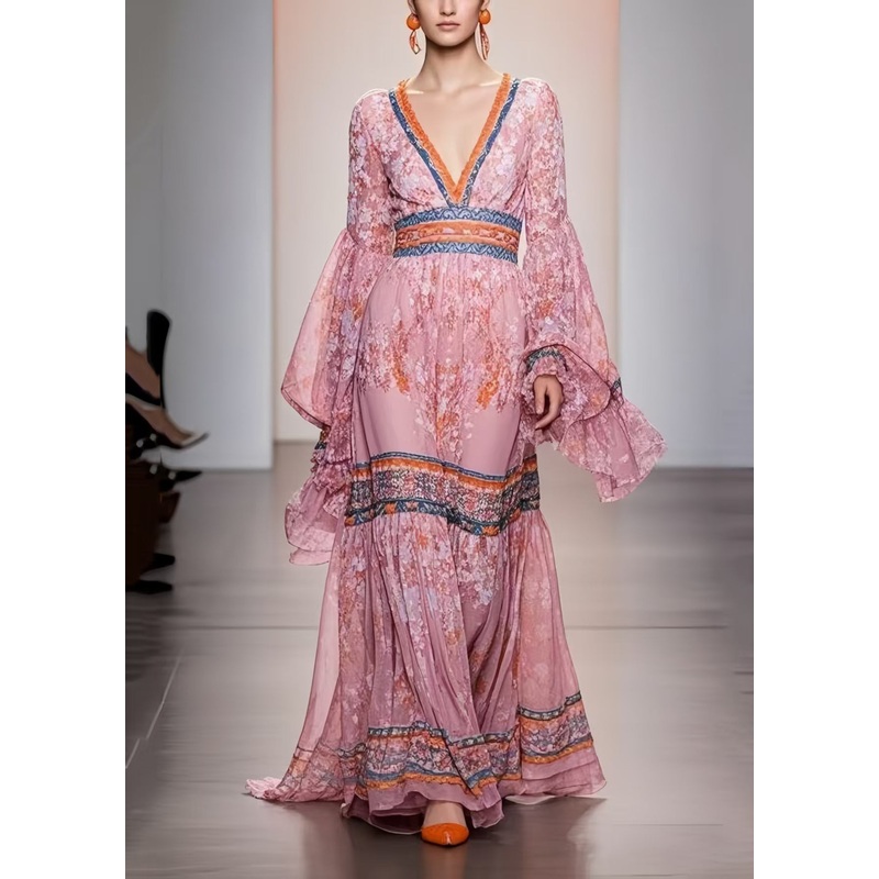 Women Pink V Neck Print Chiffon Holiday Dress Spring