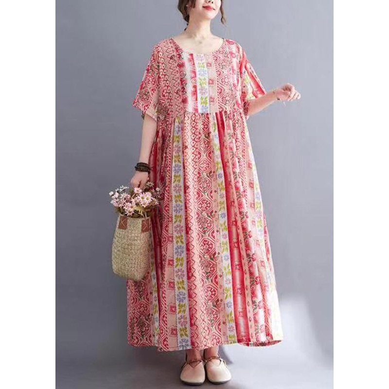 Women Red Print Wrinkled Long Dresses Short Sleeve