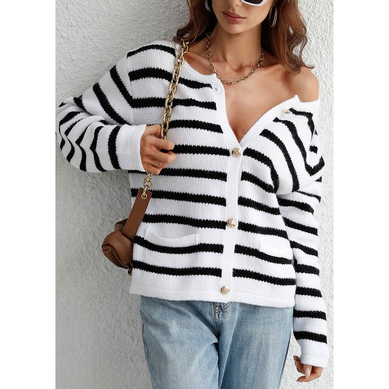 Women White O Neck Striped Knit Loose Cardigans Spring
