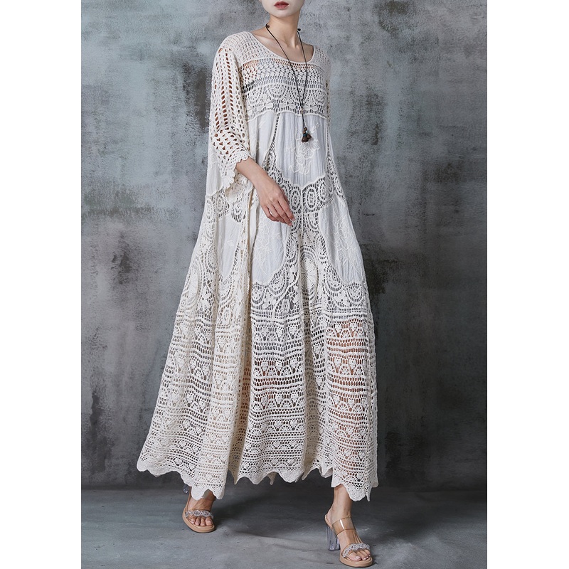 Women White Oversized Hollow Out Lace Long Dress Summer
