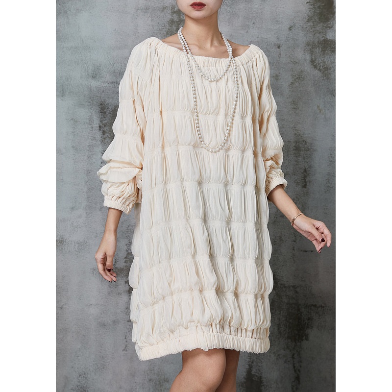 Apricot Cotton Holiday Dresses Slash Neck Wrinkled Spring