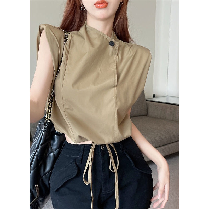Army Green Cotton Shirts Stand Collar Drawstring Sleeveless