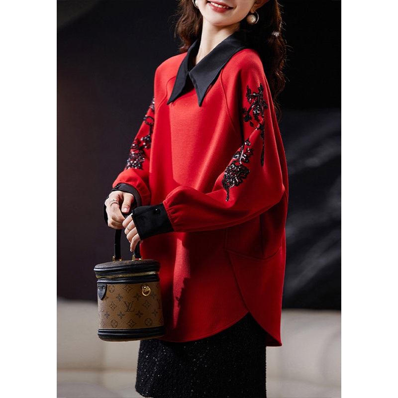 Beautiful Mulberry Peter Pan Collar Sequins Cotton Sweatshirt Spring