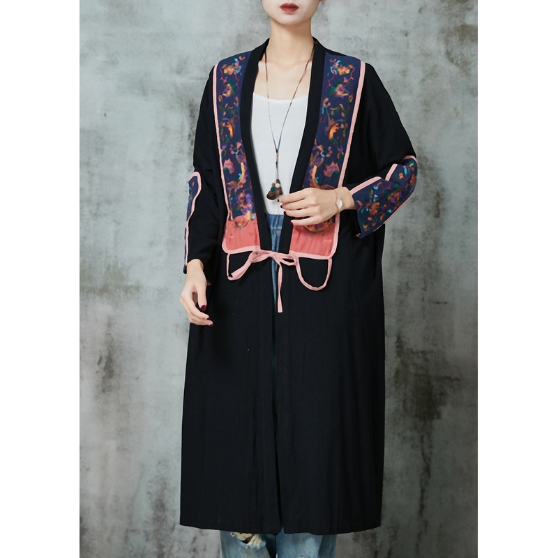 Black Linen Cardigans Embroidered Lace Up Spring