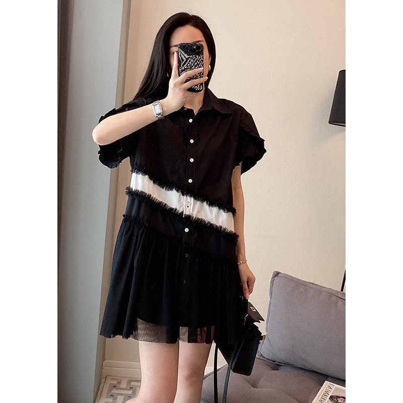 Black Patchwork Cotton Mini Dresses Oversized Wrinkled Summer