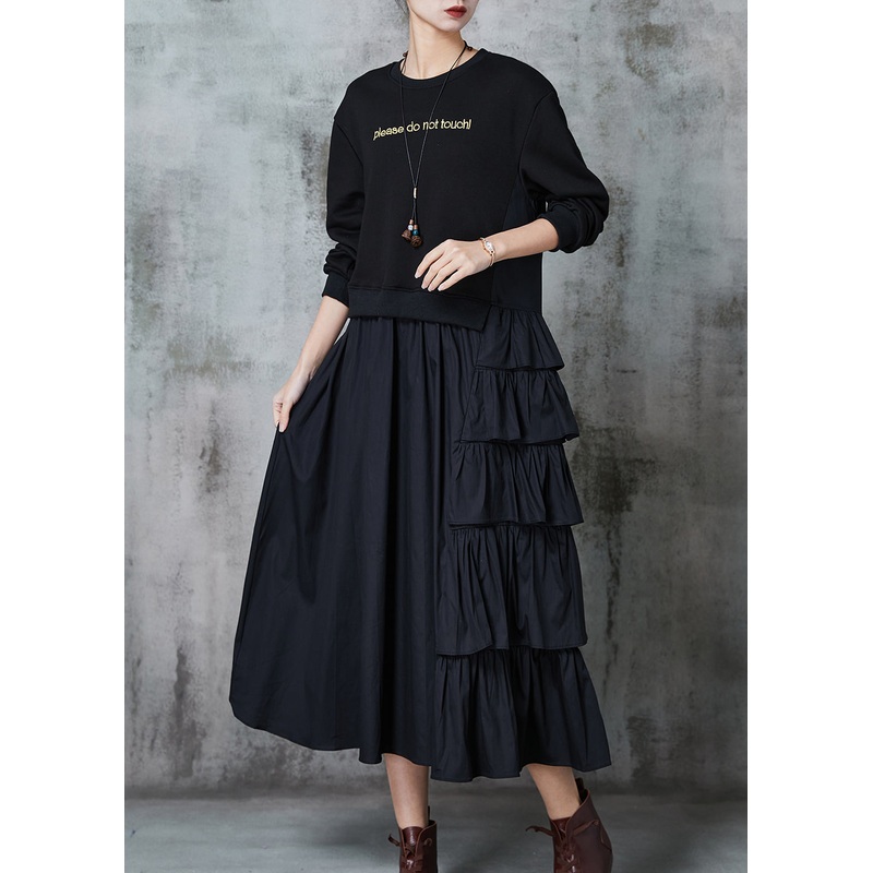 Black Patchwork Cotton Sweatshirt Dress Layered Ruffled Spring