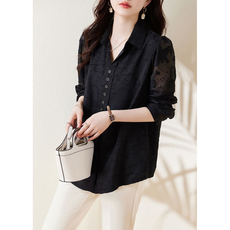 Boho Black Jacquard Draping Chiffon Shirt Spring