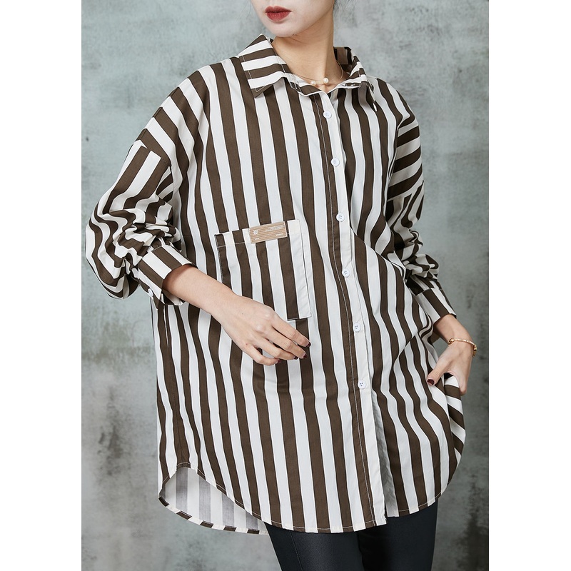Chic Khaki Oversized Striped Cotton Shirt Tops Spring
